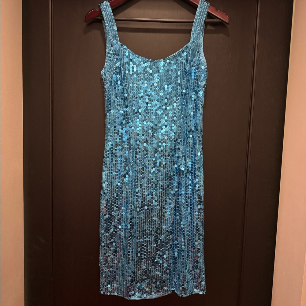 Vintage 90s Turquoise Sequin Sleeveless tank Dress, vintage size 8 / modern 4 - Picture 2 of 6
